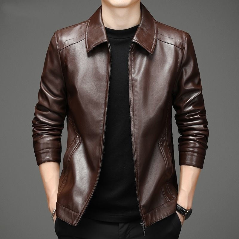 Men’s Thin Fleece-Lined Leather Jacket – Soft Warm Casual Jacket for Dad