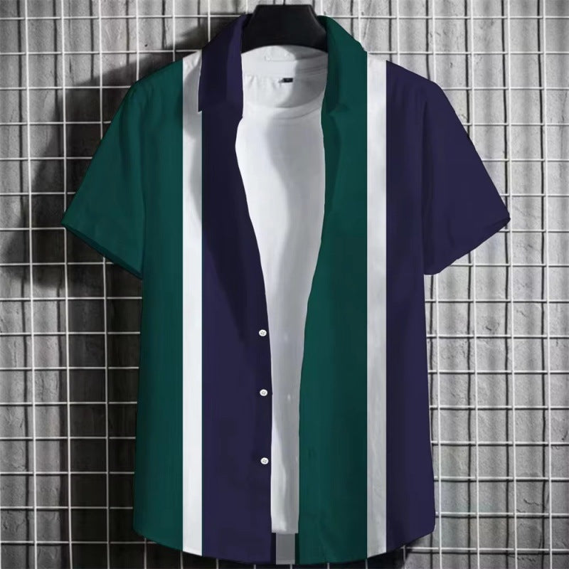 Men’s Color Block Striped 3D Print Short Sleeve T-Shirt – Casual Summer Top