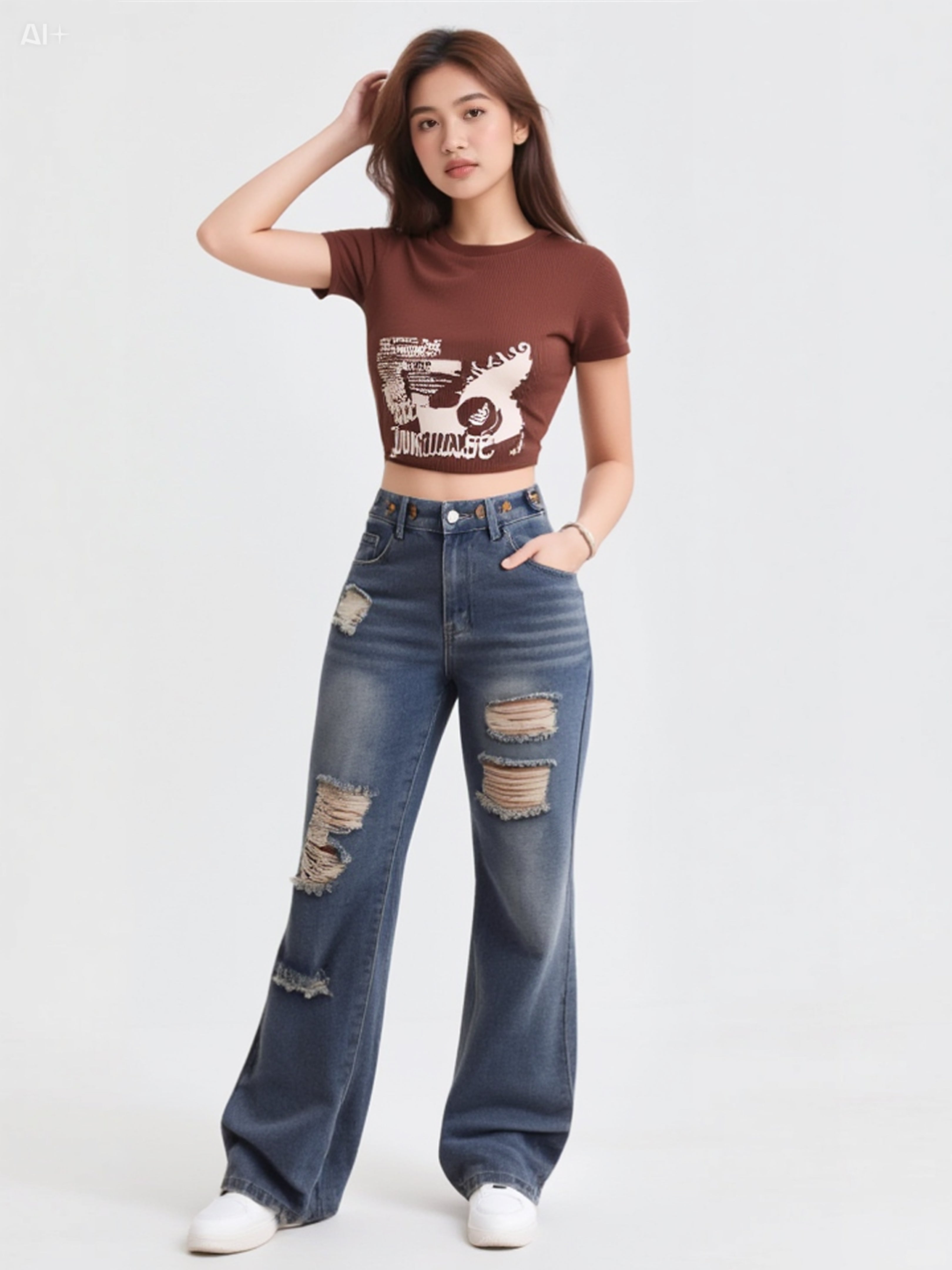Women’s High-Waisted Straight-Leg Ripped Jeans – Casual Distressed Denim