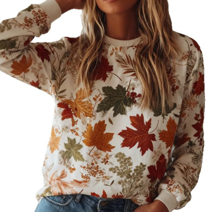 Women’s Fall Leaf Print Sweatshirt – Cozy Long Sleeve Autumn Pullover