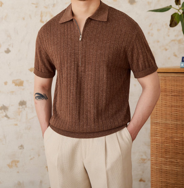 Men’s Linen Blend Short Sleeve Shirt – Lapel Collar Zipper Striped Top