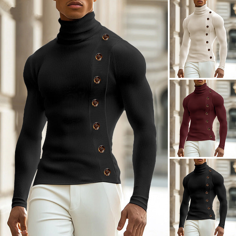 Men’s Slim Fit Turtleneck Sweater with Button Detail – Long Sleeve Knit Pullover