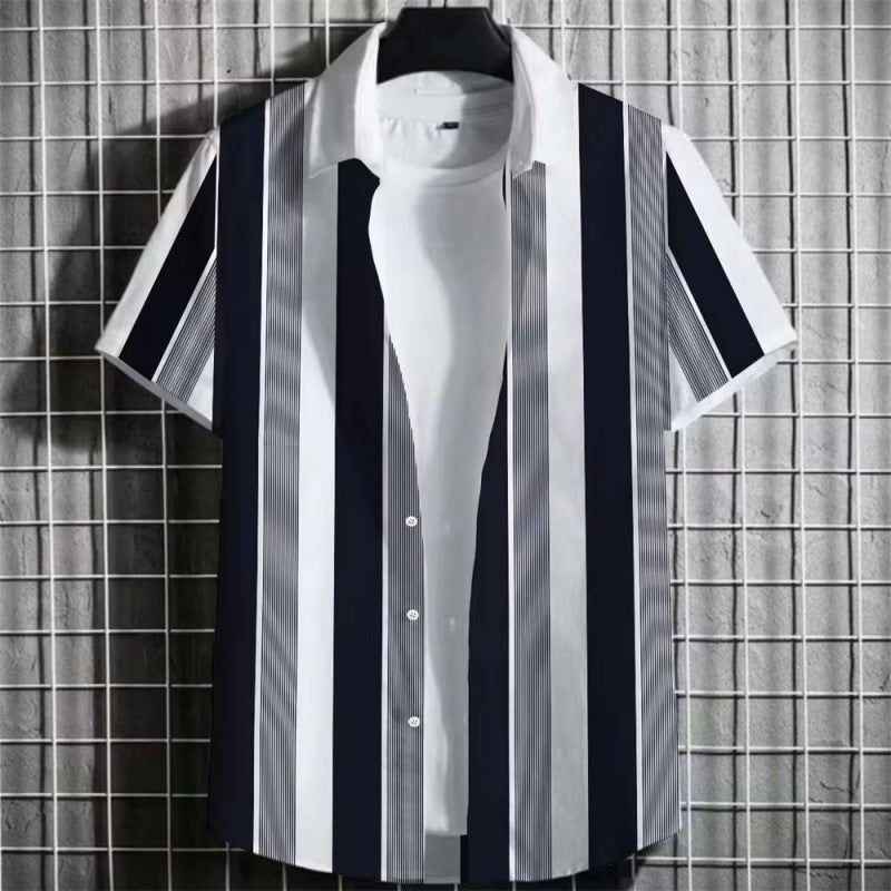 Men’s Color Block Striped 3D Print Short Sleeve T-Shirt – Casual Summer Top