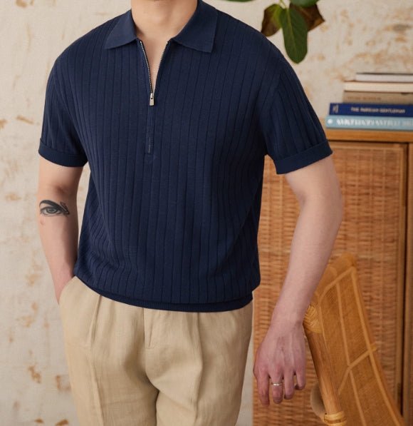 Men’s Linen Blend Short Sleeve Shirt – Lapel Collar Zipper Striped Top