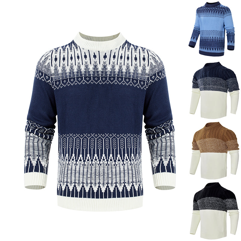 Men’s Patterned Knit Sweater – Long Sleeve Crew Neck Winter Pullover
