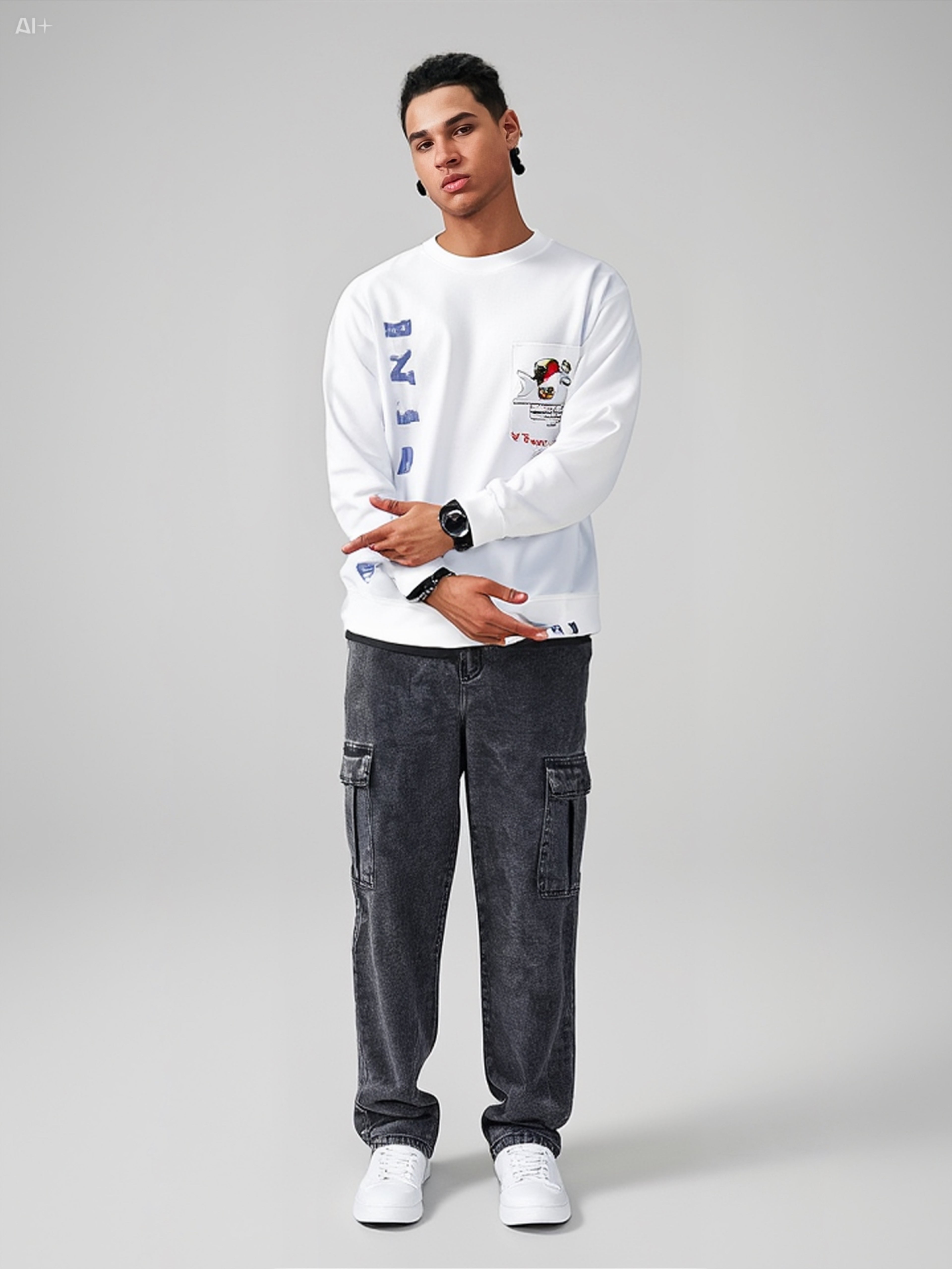 Men’s Grey Denim Cargo Pants – Relaxed Fit Streetwear Utility Trousers