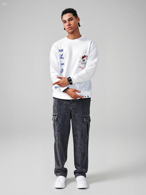 Men’s Grey Denim Cargo Pants – Relaxed Fit Streetwear Utility Trousers