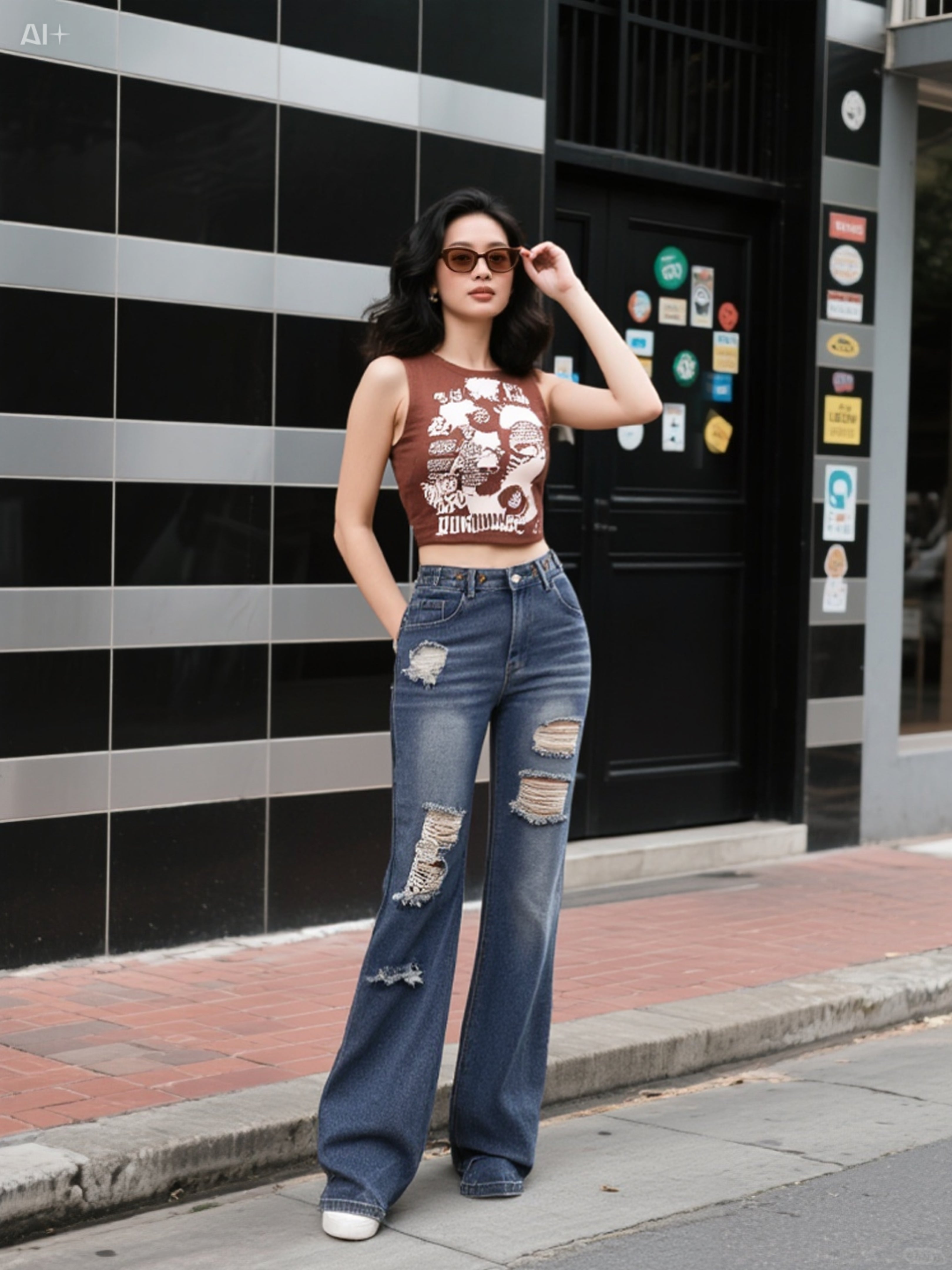 Women’s High-Waisted Straight-Leg Ripped Jeans – Casual Distressed Denim