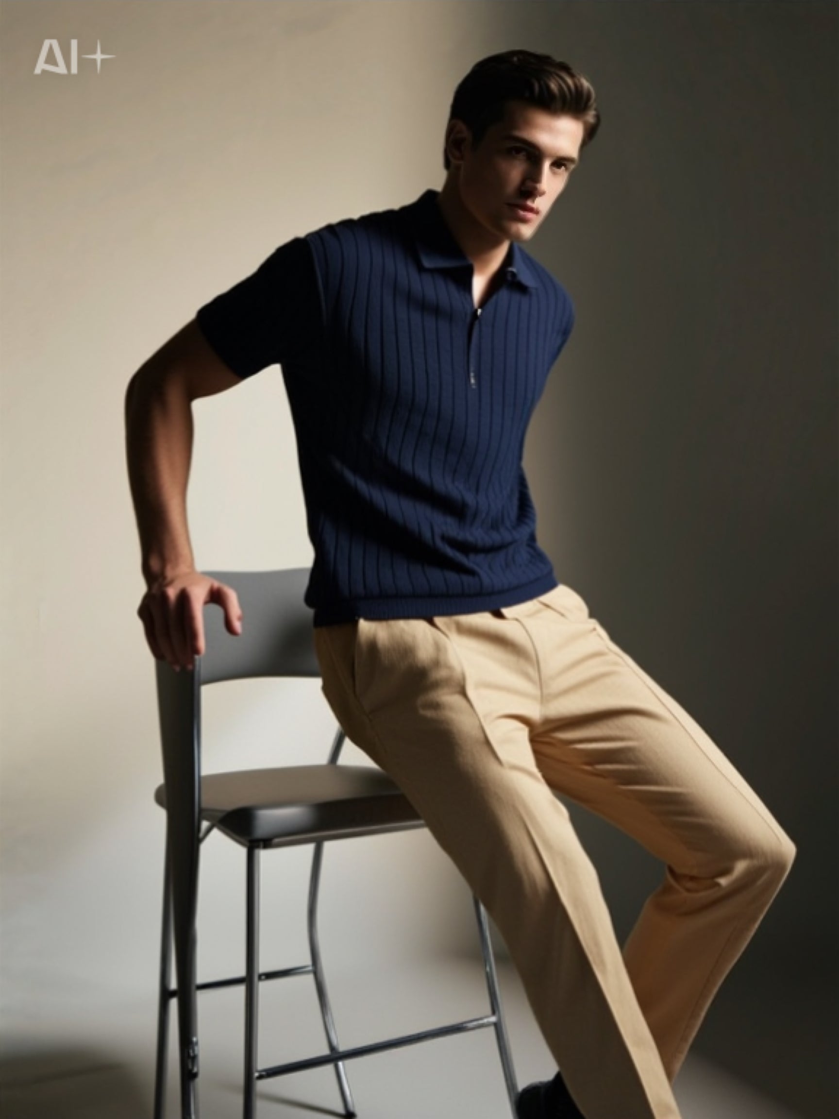 Men’s Linen Blend Short Sleeve Shirt – Lapel Collar Zipper Striped Top