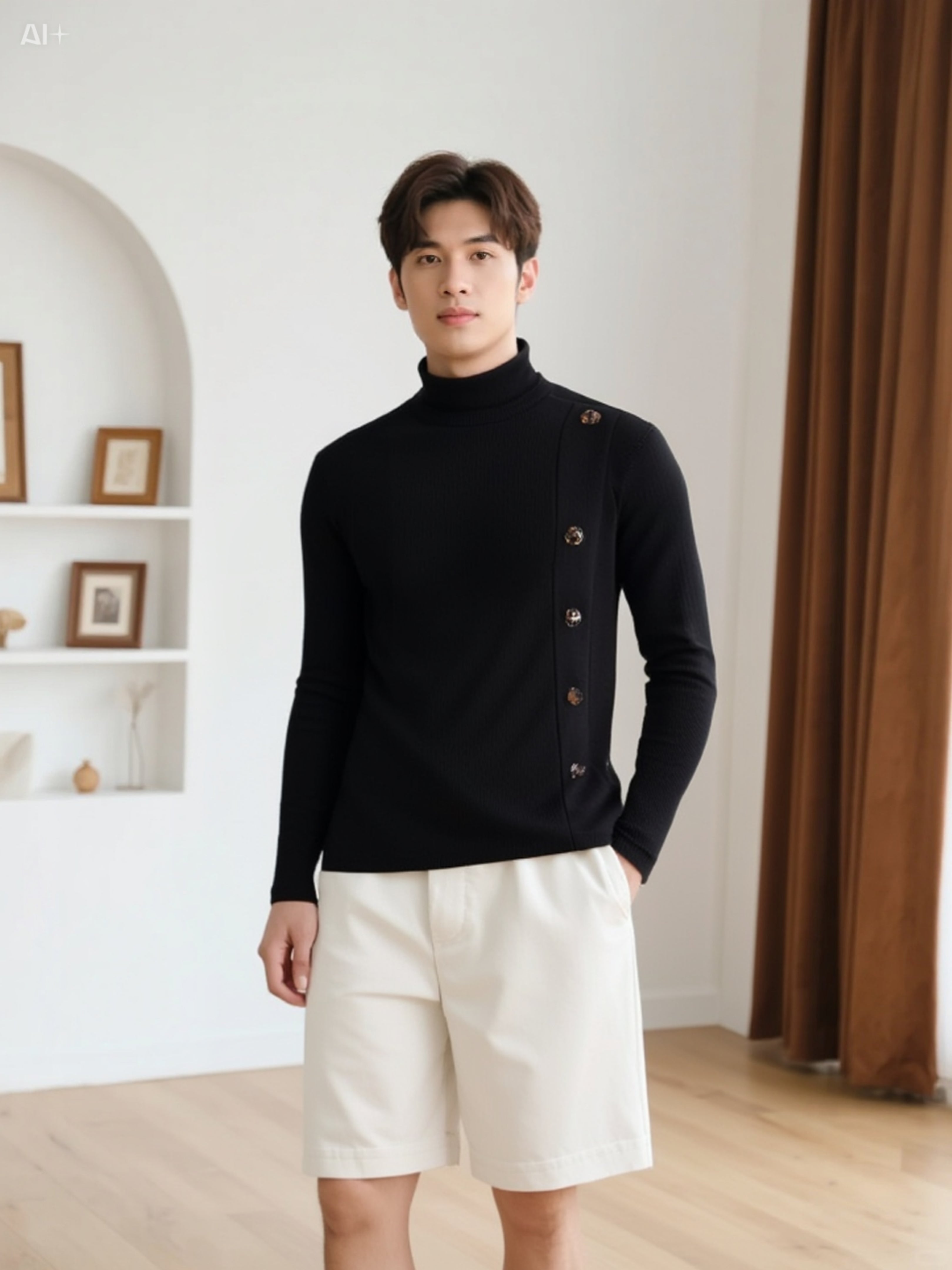 Men’s Slim Fit Turtleneck Sweater with Button Detail – Long Sleeve Knit Pullover