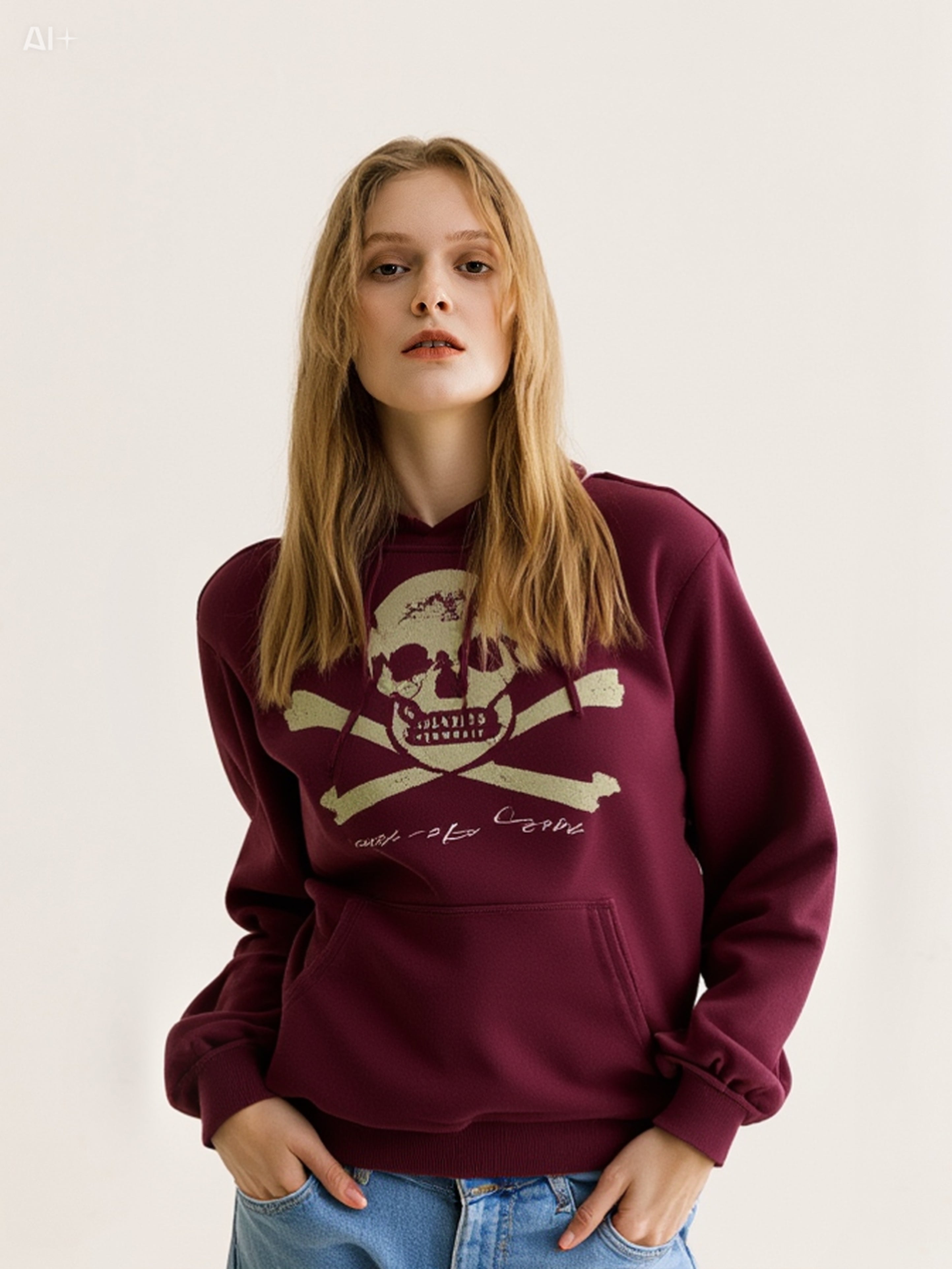 Women’s Skull Graphic Hoodie – Maroon Streetwear Pullover Sweatshirt