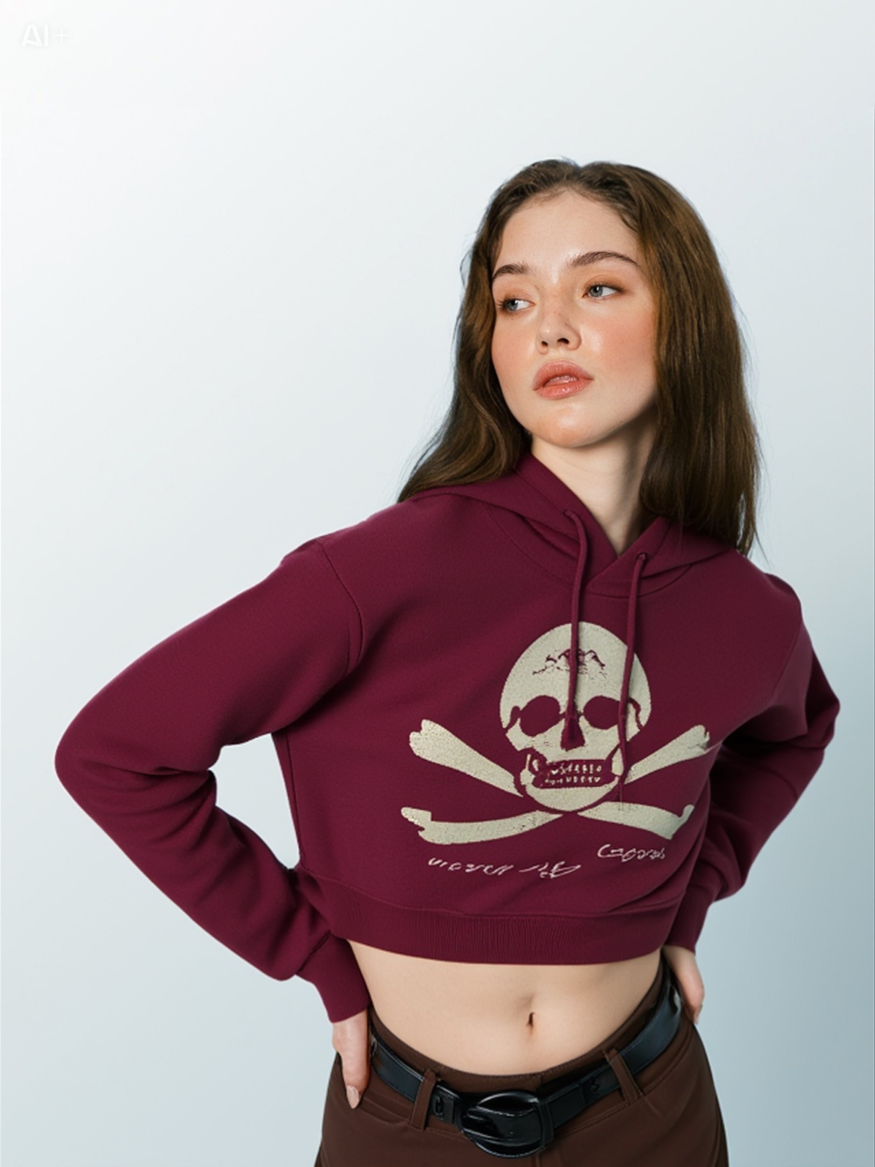 Women’s Skull Graphic Hoodie – Maroon Streetwear Pullover Sweatshirt