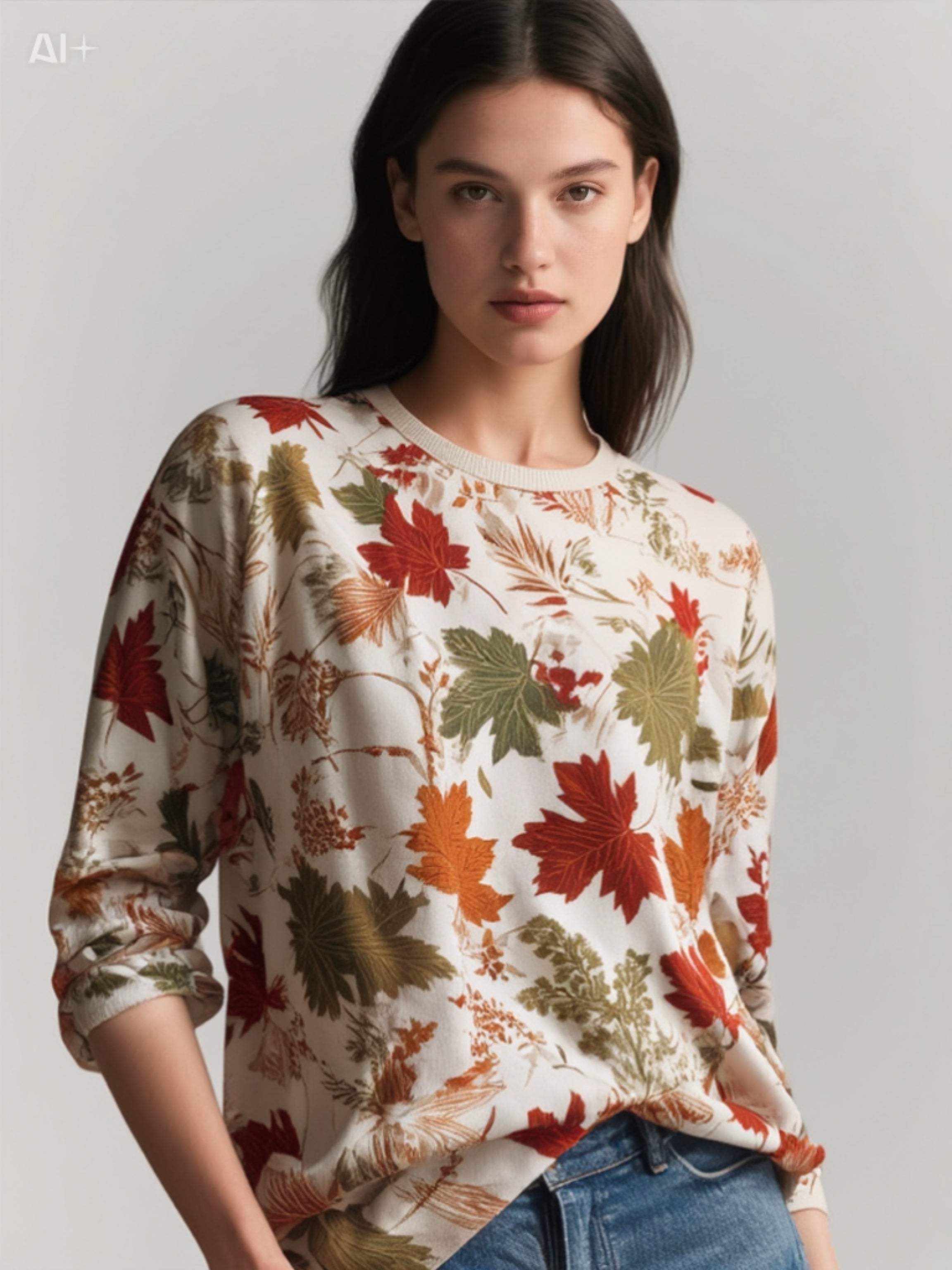 Women’s Fall Leaf Print Sweatshirt – Cozy Long Sleeve Autumn Pullover