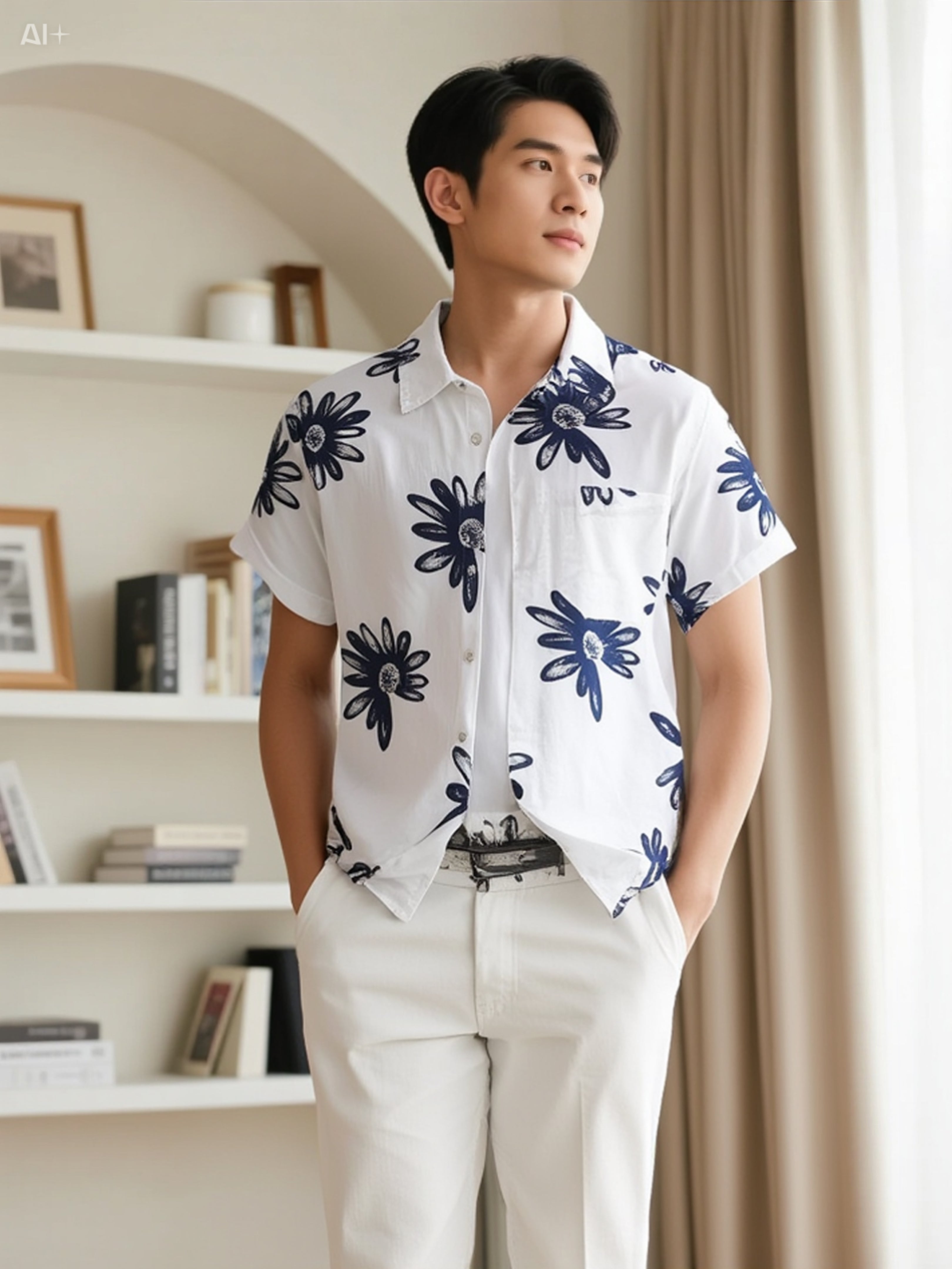 Men’s Japanese Trend Printed Short Sleeve Shirt – Casual Streetwear Top (8286)