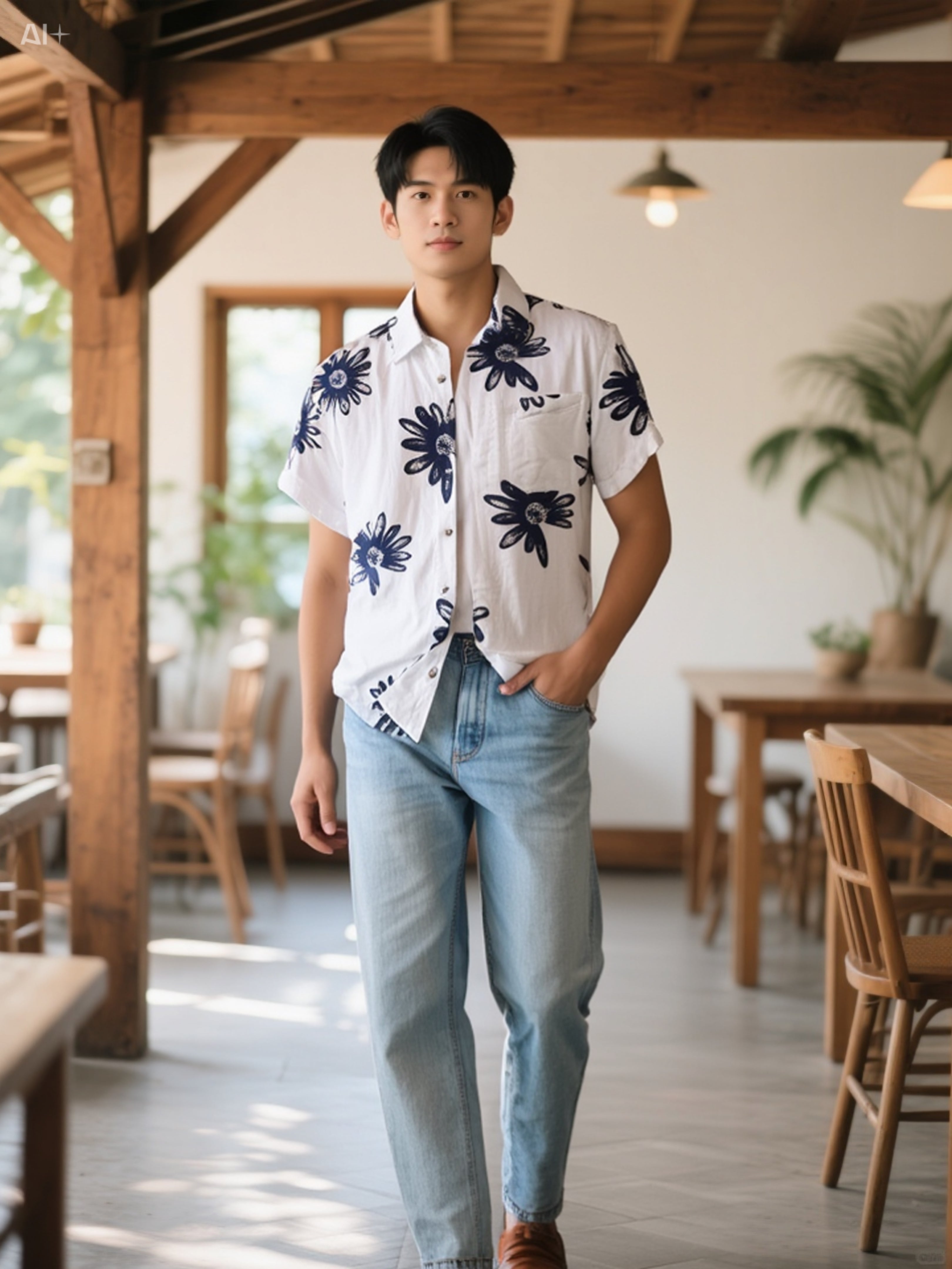 Men’s Japanese Trend Printed Short Sleeve Shirt – Casual Streetwear Top (8286)