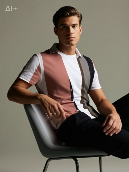 Men’s Color Block Striped 3D Print Short Sleeve T-Shirt – Casual Summer Top