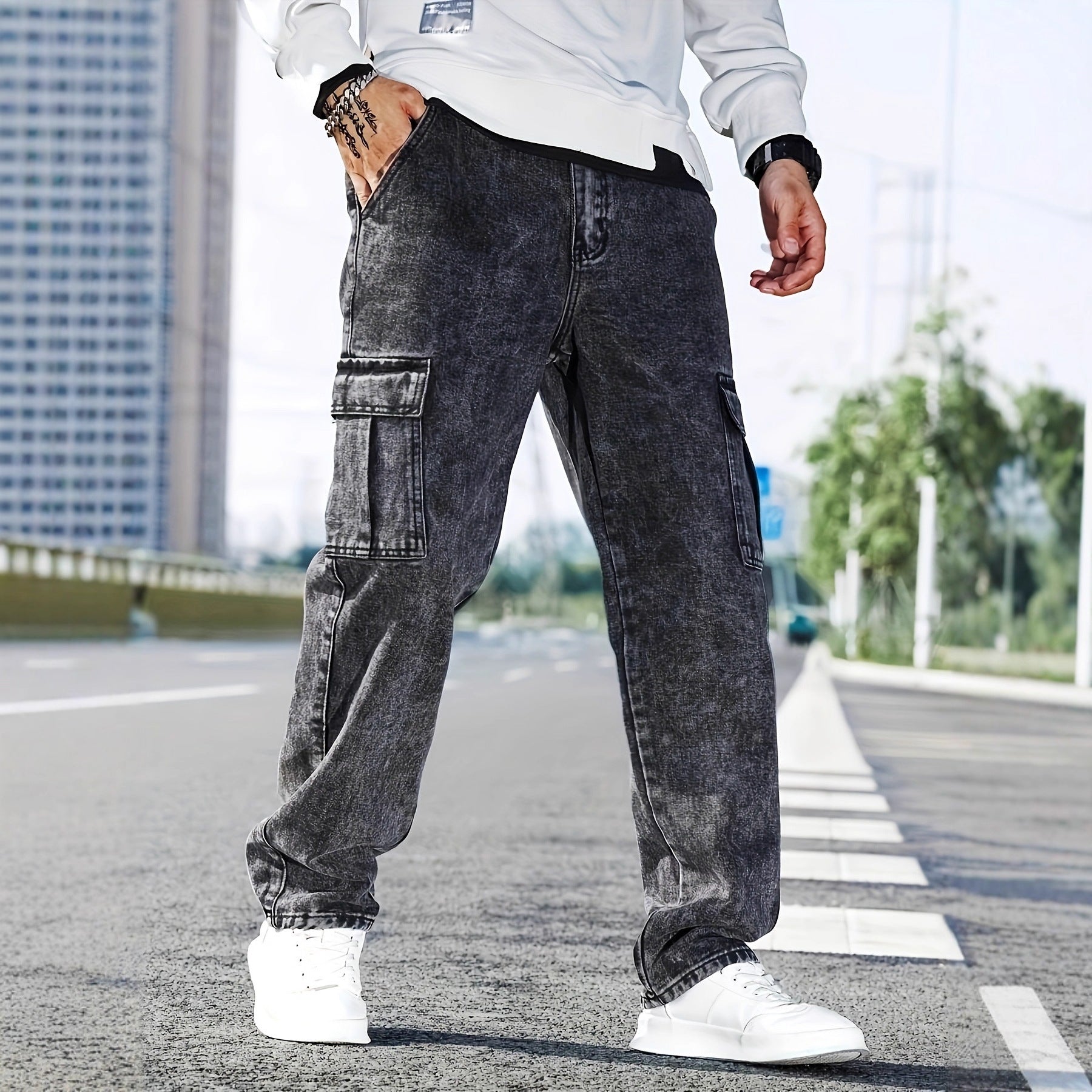 Men’s Grey Denim Cargo Pants – Relaxed Fit Streetwear Utility Trousers