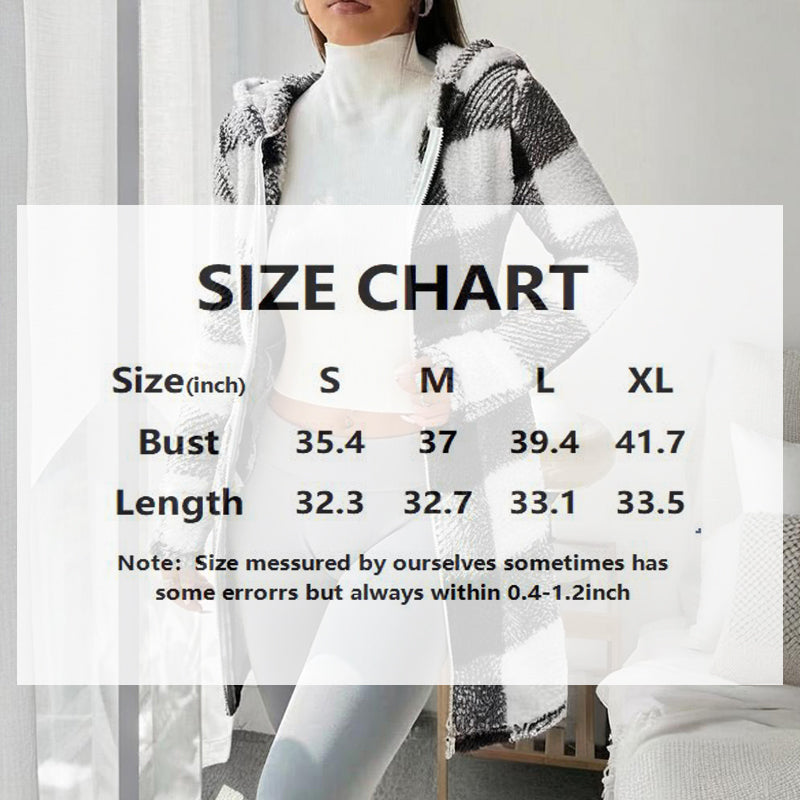 Women’s Black & White Plaid Hooded Fleece Coat – Longline Zip-Up Winter Jacket