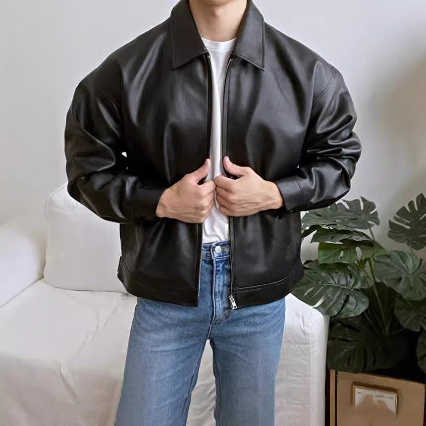 Men’s Leather Baseball Jacket – Casual Motorcycle Style Bomber Outerwear