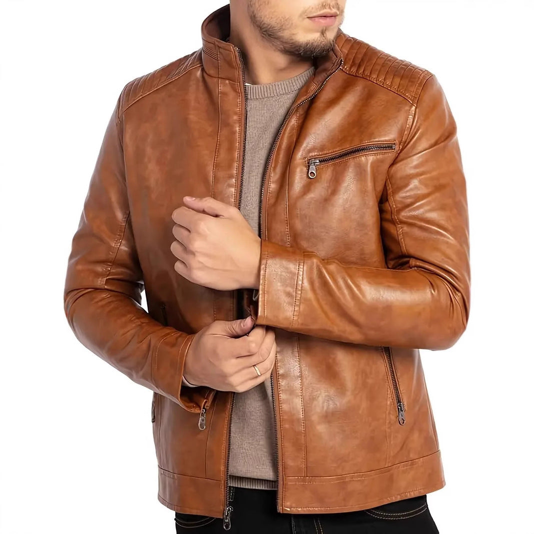 Men’s Punk Motorcycle Leather Jacket – Stand Collar Biker Outerwear