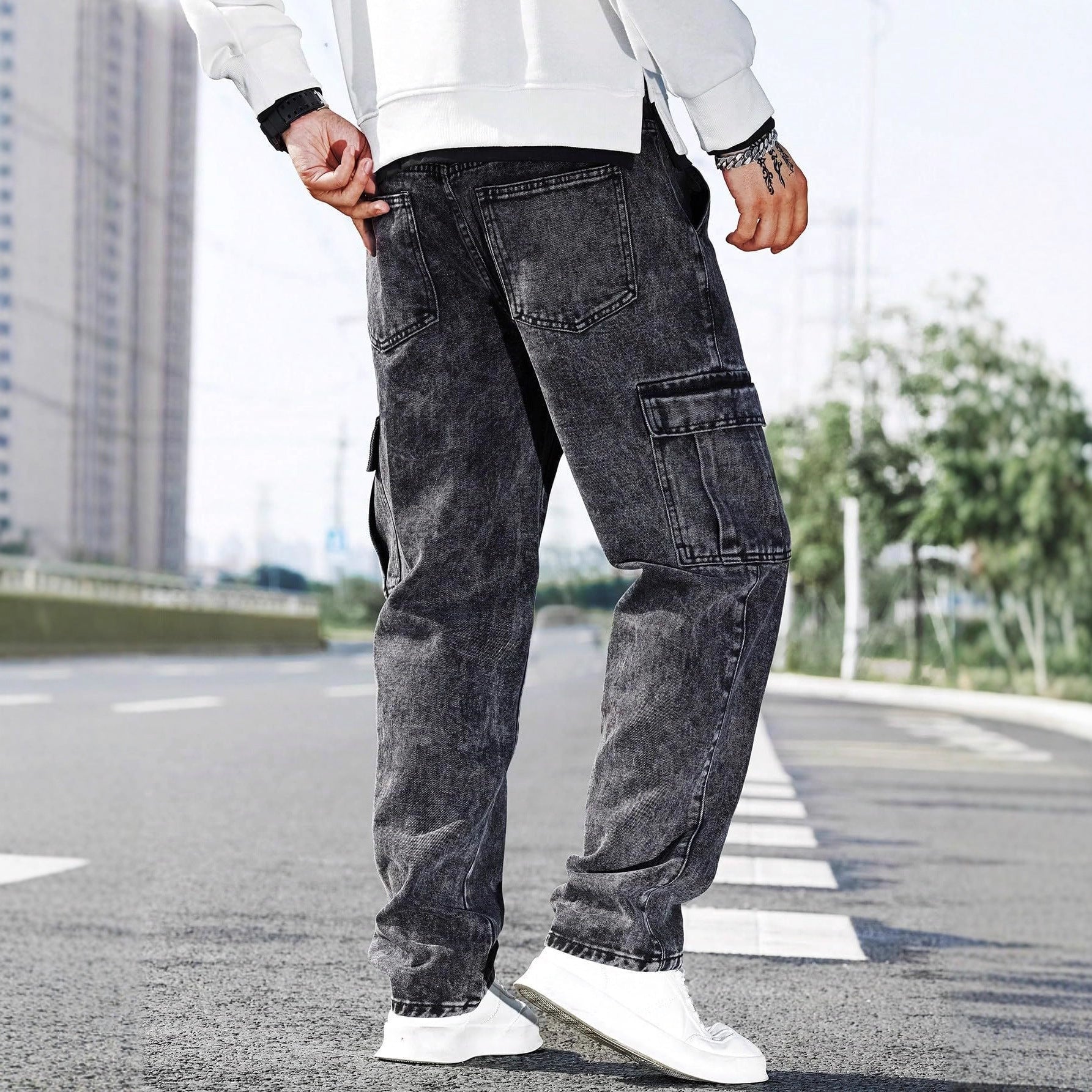 Men’s Grey Denim Cargo Pants – Relaxed Fit Streetwear Utility Trousers