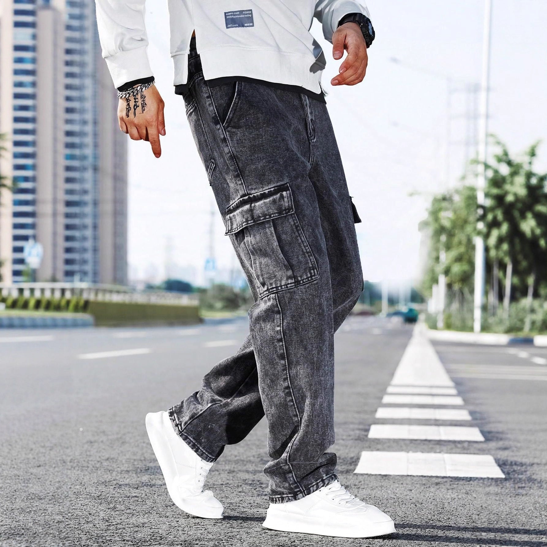 Men’s Grey Denim Cargo Pants – Relaxed Fit Streetwear Utility Trousers