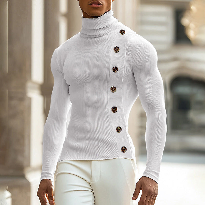 Men’s Slim Fit Turtleneck Sweater with Button Detail – Long Sleeve Knit Pullover